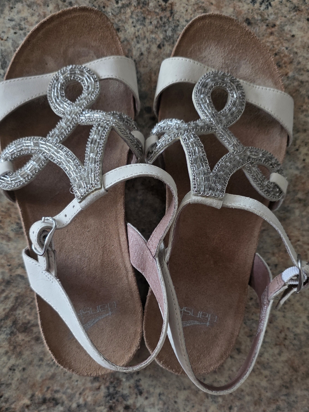 Dansko White Sandals with Silver Beaded T-Strap Sz. 39